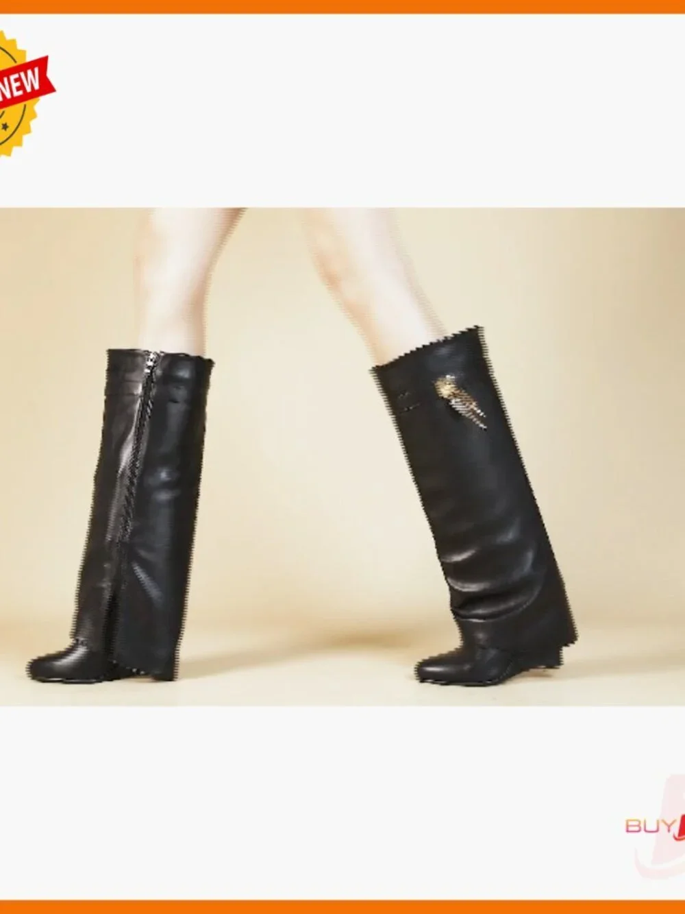 Knee High Boots Pointed Toe Wedge Heel Pull On Zipper Faux Leather